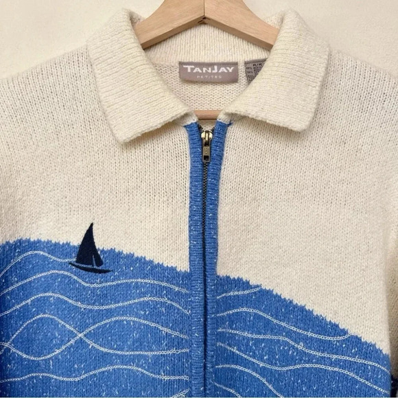 TANJAY Womens Medium Petite Sailboat Vintage Nautical Lady Embroidered Cardigan - Picture 11 of 16